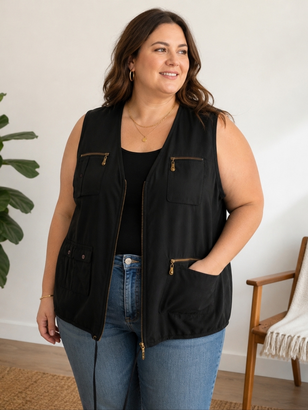 August Max Woman 100% Silk Utility Vest Black Zip Pockets 3X